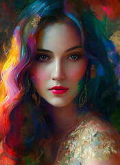 Digital portrait of a beautiful face. Illustration of a beautiful girl. Beautiful woman painting, colorful hair