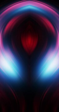 Abstract glowing lights motion on mirrored dark red blue shine gradient loop animation. Vertical background.