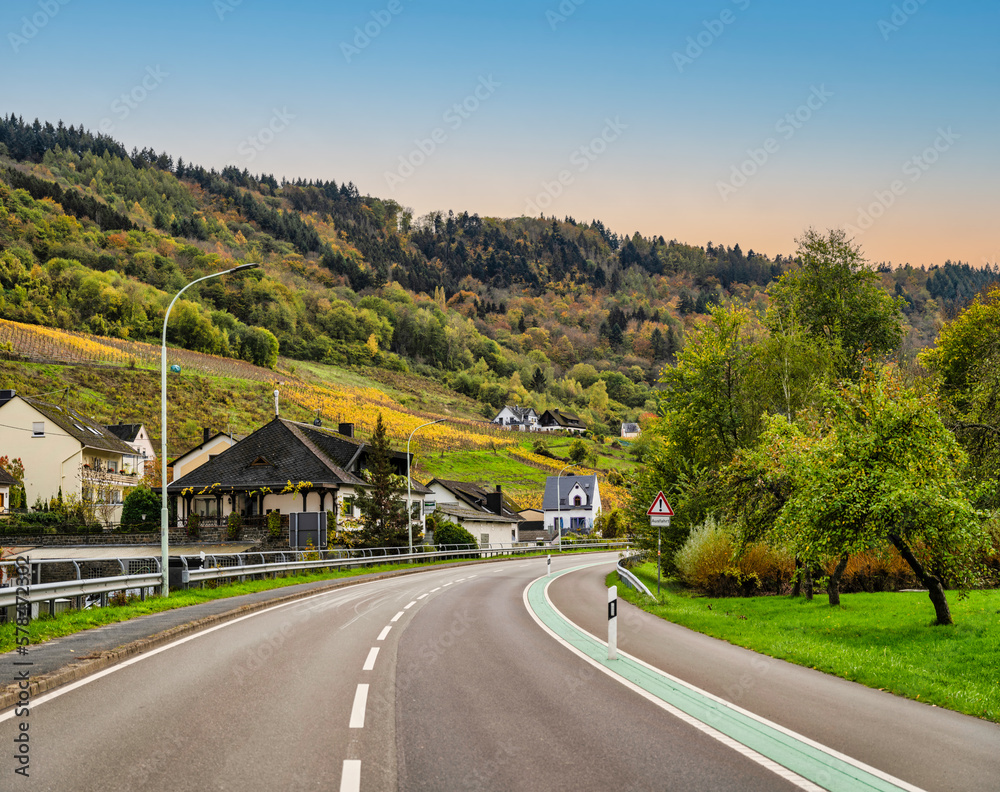 Wall mural Senheim village houses on the road side and steep vinyards during autumn in Cochem-Zell district, Germany