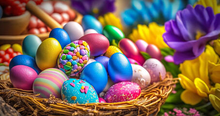 Easter basket with eggs - Colorful - Illustration - AI technology