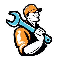 Construction worker emblem. Builder with wrench, logo in retro style. Vector illustration