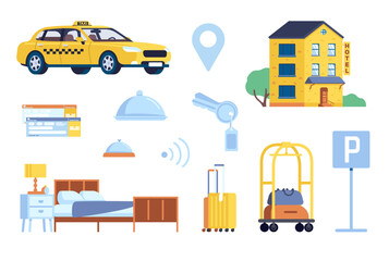 Fototapeta na wymiar Hotel service. Motel check in and accommodation. Taxi car parking. Room cleaning. Breakfast food serving. Wifi internet. Location icon. Booking tickets. Baggage trolley. Vector elements set