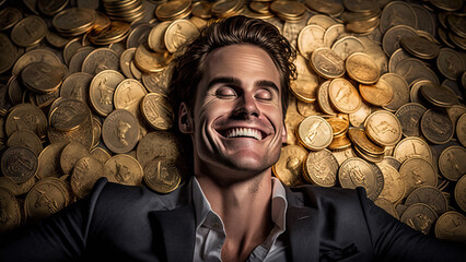 A happy businessman in a pile of golden coins - Fictional Person, Generative AI