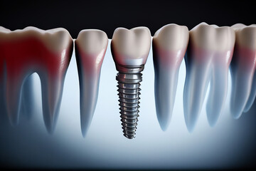 Dental Implant. Dental implants are replace missing teeth to restore a person’s smile. Protect their jaw, and restore teeth functionality. Ai Generated Illustration.