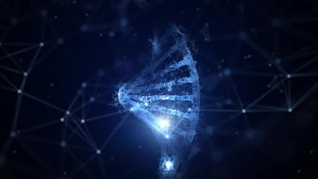 Futuristic digital dna chain looping on dark blue background. Concept science animation.