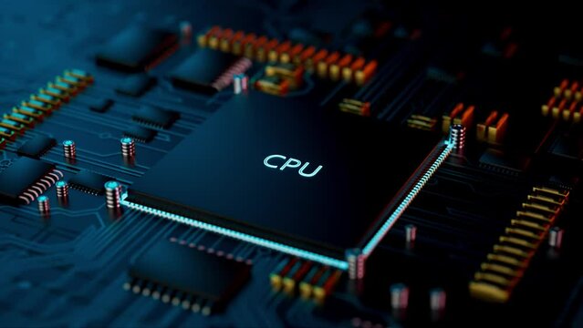 Computer processor located on a printed circuit board, illuminated by colored light, 3D animation