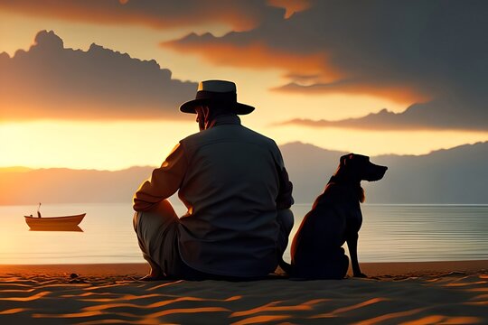 A Man And His Very Loyal Dog Best Friend Watching The Sunset On The Beach Or The Lake, Art Painting. Generative AI