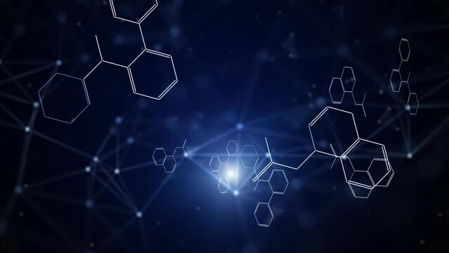 Loop features flickering chemical hexagon bonds on dark blue background. Concept science animation.