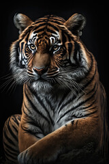 Portrait of the tiger on dark background. Ai generated illustration.