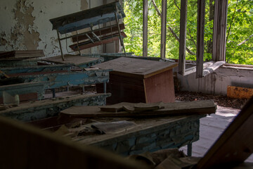 School premises in the city of Pripyat in Ukraine. Emptiness. Dampness. Exclusion Zone. Chernobyl zone