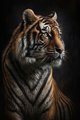 Fototapeta premium Portrait of the tiger on dark background. Ai generated illustration.