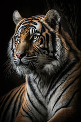Fototapeta na wymiar Portrait of the tiger on dark background. Ai generated illustration.