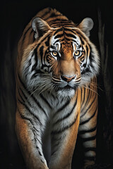 Portrait of the tiger on dark background. Ai generated illustration.