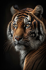 Portrait of the tiger on dark background. Ai generated illustration.