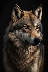 Fototapeta premium Portrait of a wolf on a dark background. Ai generated illustration