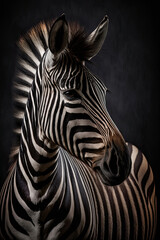 Fototapeta na wymiar Portrait of a zebra on a dark background, Ai generated illustration