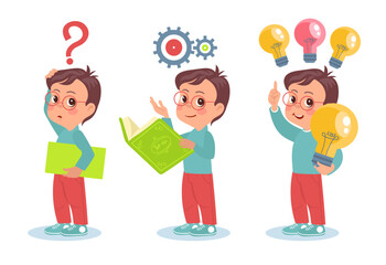 Kid searches idea. Thinking process. Smart boy with book in different states. Confusing child. Teenager finding solution. Innovation lamp. Brainstorming progress. Splendid vector concept