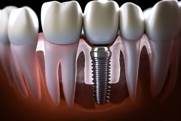 Dental Implant. Dental implants are replace missing teeth to restore a person’s smile. Protect their jaw, and restore teeth functionality. Ai Generated Illustration.