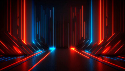 3d render, abstract geometric background with red and blue neon. Empty room with laser linear shape glowing in the dark