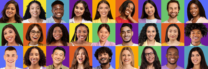 Fototapeta na wymiar Closeup portraits of positive multiracial young people over various backgrounds