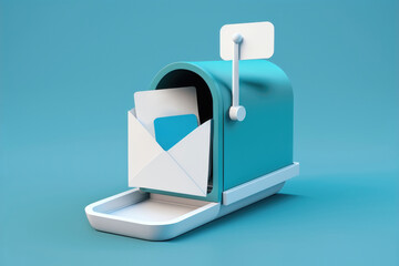 Creative smartphone mailbox with paper mail on blue background. AI Generation