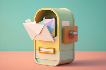 Creative smartphone mailbox with paper mail on pastel background. AI Generation
