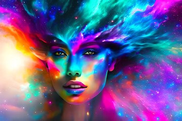 Fototapeta premium Beautiful Fantasy Abstract Portrait Of A Beautiful Woman Double Exposure With A Colorful Digital Paint Splash Or Space Nebula. Generative AI