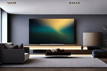 Big Tv Wall Screen In Modern Living Room, Television Set In Luxury Interior. Generative AI