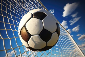 Close-up of a soccer ball going into the back of the net with a blue sky background. AI Generation