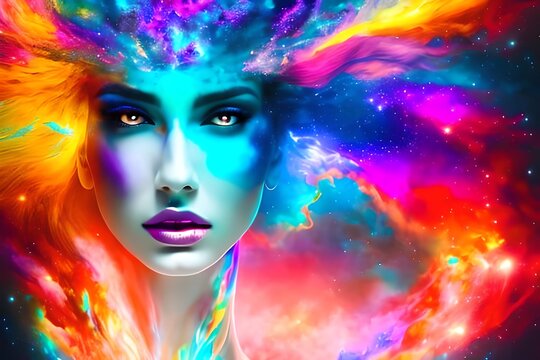 Beautiful Fantasy Abstract Portrait Of A Beautiful Woman Double Exposure With A Colorful Digital Paint Splash Or Space Nebula. Generative AI