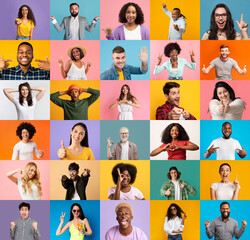 Human emotions and facial expression. Happy excited millennial international men and women gesticulate