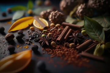 A set of different spices close-up on a dark table. AI Generation