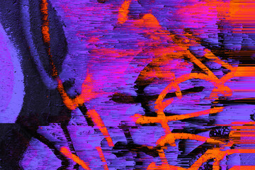 Interlaced digital Distorted Abstract futuristic urban orange, purple, pink, black background with motion glitch effect. Striped cyberpunk techno city design. Retro webpunk, rave 80s,90s aesthetic