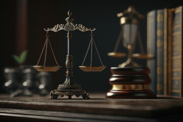 Decorative Scales of Justice on the table. AI Generation
