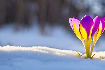 Crocus Bulb Blooming In Snow, First Spring Flower. Close Up Macro View. Generative AI