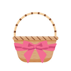 empty wicker basket with a pink ribbon-bow on a white background. vector.
