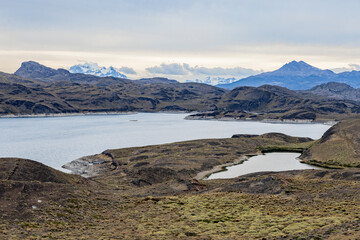 Fototapeta na wymiar View on a huge lake in Torres del Paine National Park 