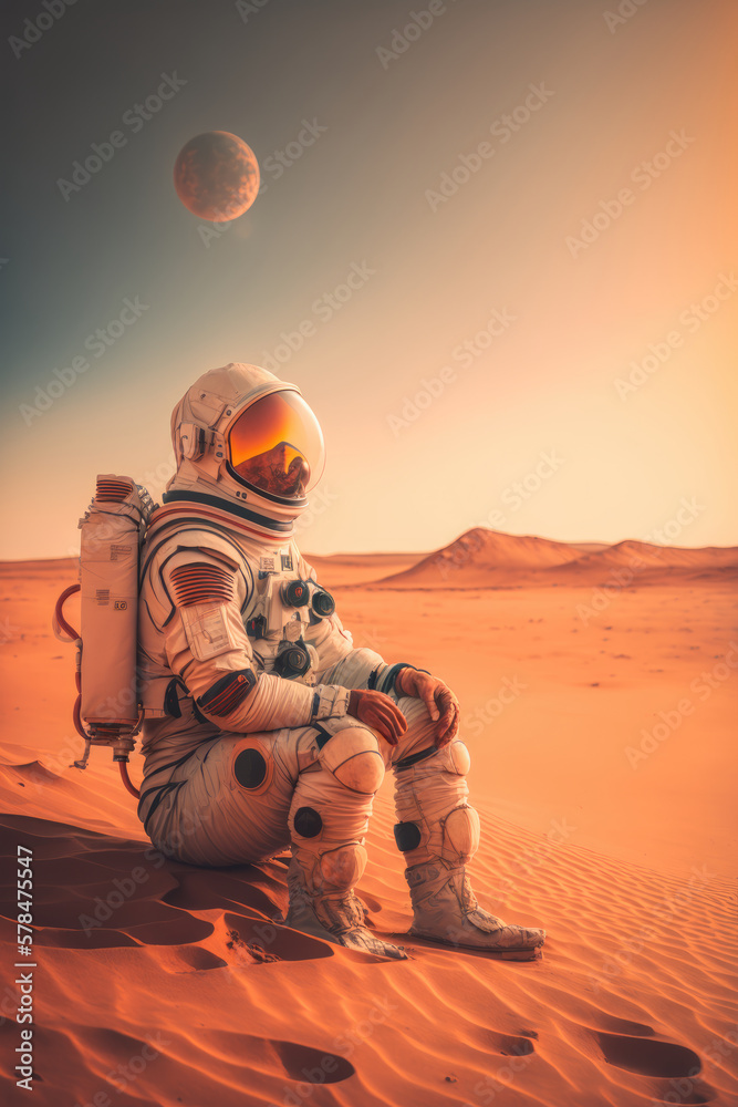 Wall mural astronaut in planet mars sitting contemplating the view made with generative ai.