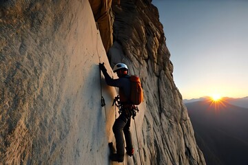 Man Climbs Up Mountain, Climber On Rock Wall At Sunset. Generative AI