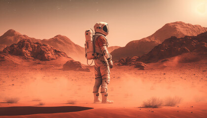 Astronaut in planet Mars made with Generative AI. - obrazy, fototapety, plakaty