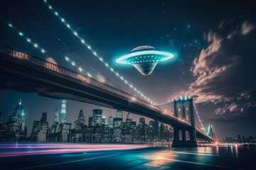 UFO flying over New York City Brooklyn Bridge at night. Surveillance concept - Generative AI