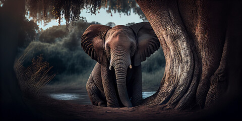 Fototapeta na wymiar elephant sitting on a tree,Generative AI