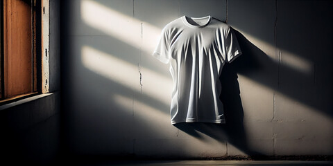 white tshirt hanging in front of concrete wall,Generative AI