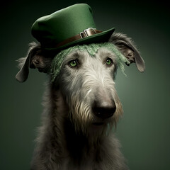Irish Wolfhound in green hat. International celebration of the St. Patrick’s Day. Generated AI