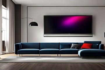 Modern Living Room Interior With Sofa And Large Tv Screen On The Wall, Led Strips Making Ambient Light. Generative AI