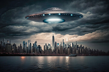 Fototapeta na wymiar A huge UFO at night over New York City. Surveillance concept - Generative AI