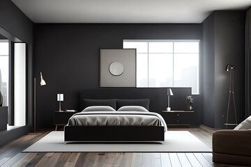 Modern Minimalistic Dark Bedroom. Generative AI