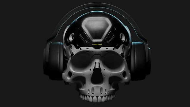 stylized futuristic human skull in headphones with a powerful bass effect. theme music or games. video has an alpha channel
