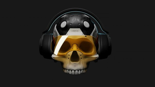 a futuristic human skull wearing headphones with a powerful bass effect approaches the viewer. theme music. the video has an alpha channel