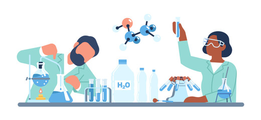 Study of chemicals presence in drinking water bottles. Laboratory experiment. Scientists research H2O. Men and woman chemical examine aqua. Test tubes and glass beakers. Vector concept